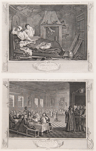 Industry and Idleness
(Plate 7)
The Idle 'Prentice return'd from Sea & in a Garret with a common Prostitute

and

Industry and Idleness
(Plate 8)
The Industrious 'Prentice grown rich & Sheriff of London